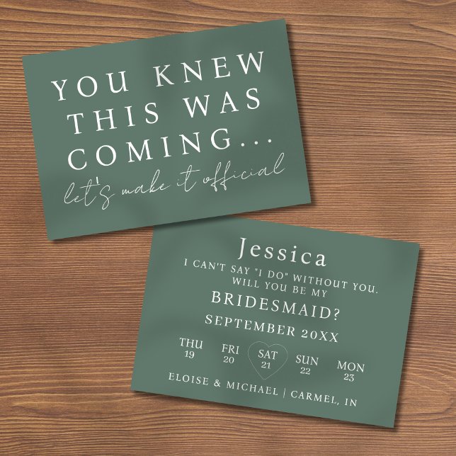 Invitación Sage Green Will You Be My Bridesmaid Proposal Card (Pop the question to your bridal party with this Will You Be My Bridesmaid Proposal Card! )