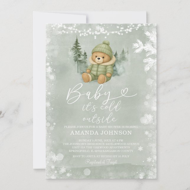 Invitación Sage Green Winter Boy Bear Baby It's Frío Afuera (Anverso)