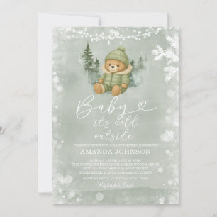 Invitación Sage Green Winter Boy Bear Baby It's Frío Afuera