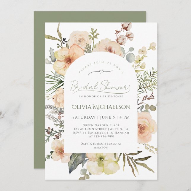 Invitación Sage Green Winter Cotton Floral Bridal Shower (Anverso / Reverso)