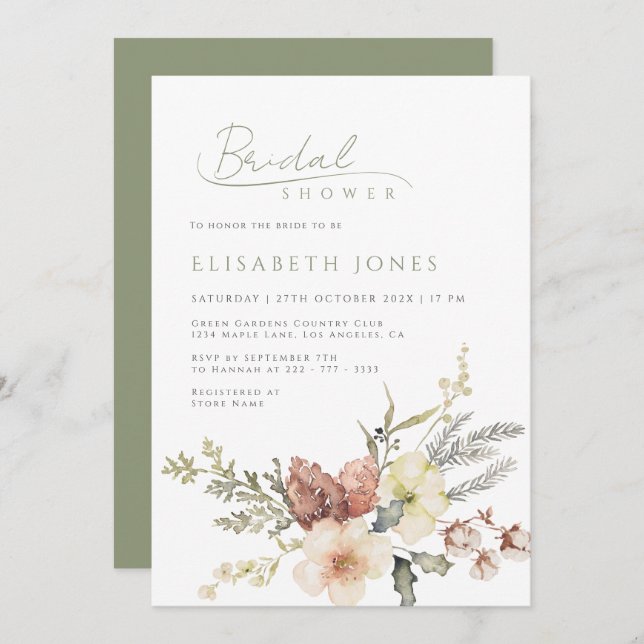 Invitación Sage Green Winter Navidades Floral Bridal Shower (Anverso / Reverso)
