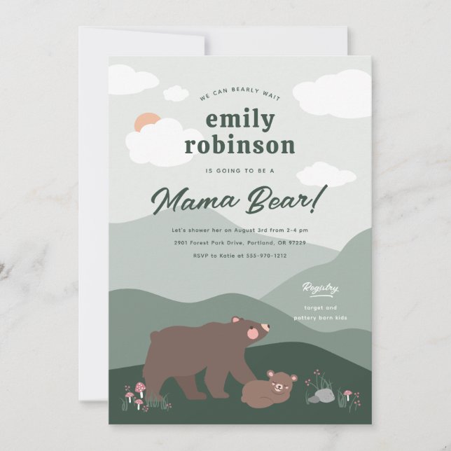 Invitación Sage Green Woodland Mountian Mama Bear Baby Shower (Anverso)