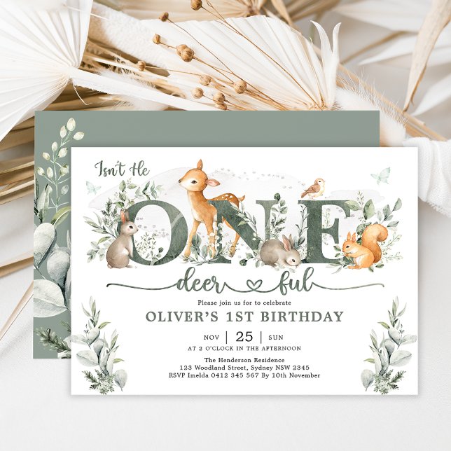 Invitación Sage Green Woodland Un despectivo niño de primer c (Subido por el creador)