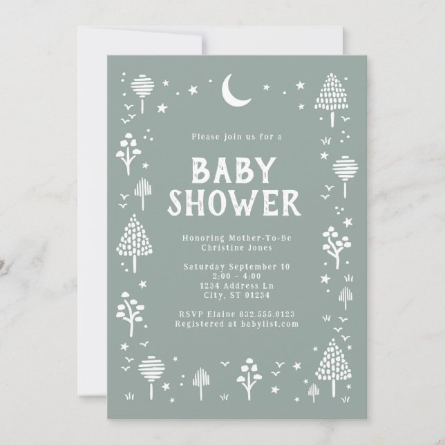 Invitación Sage Green Woodlands & Stars Baby Shower (Anverso)