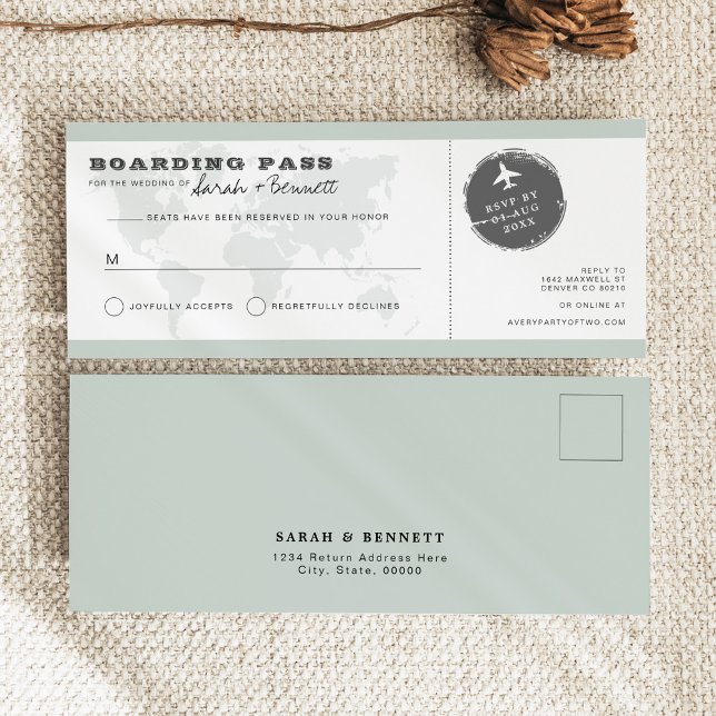 Invitación Sage Green World Map Boarding Pass RSVP Card (Subido por el creador)