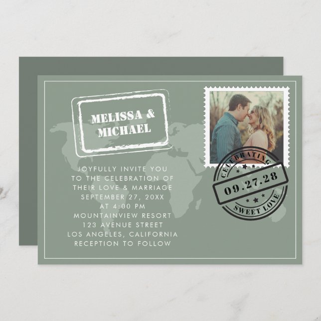 Invitación Sage Green World Map Destination Wedding Photo (Anverso / Reverso)