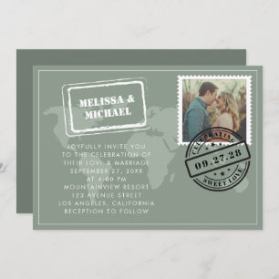 Invitación Sage Green World Map Destination Wedding Photo
