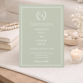 Invitación Sage green wreath monogram simple wedding 