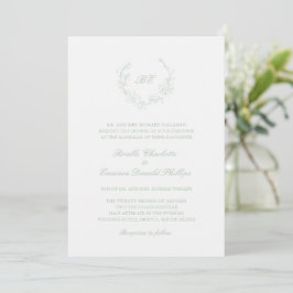 Invitación Sage Green Wreath Monograma Elegante Boda