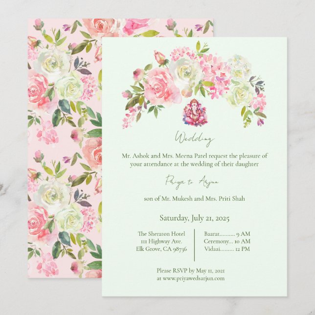 Invitación Sage Green y Pink Floral Hindu Ganesh Boda (Anverso / Reverso)