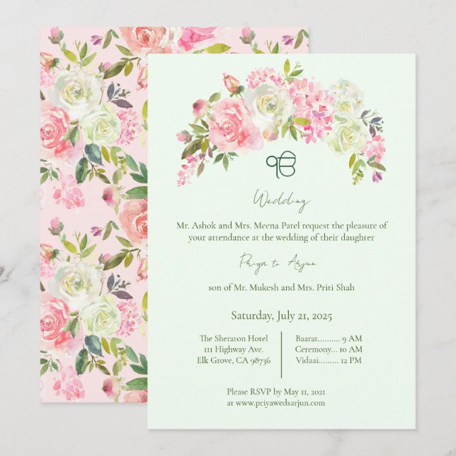 Invitación Sage Green y Pink Floral Sikh Ik Onkar Boda (Anverso / Reverso)