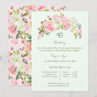 Invitación Sage Green y Pink Floral Sikh Ik Onkar Boda
