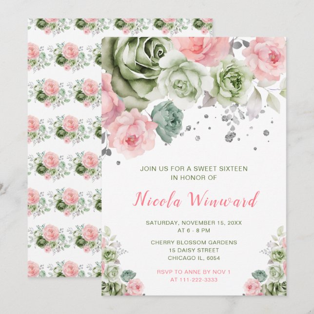 Invitación Sage Green y Pink Floral Sweet 16 (Anverso / Reverso)