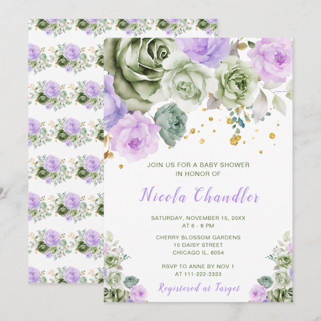 Invitación Sage Green y Purple Floral Baby Shower (Anverso / Reverso)