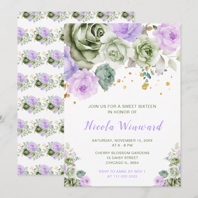 Invitación Sage Green y Purple Floral Sweet 16 (Anverso / Reverso)