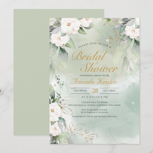 Invitación Sage Green y White Floral Elegante Ducha Bridal (Anverso / Reverso)