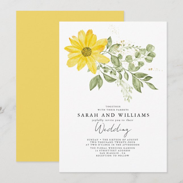 Invitación Sage Green Yellow Sunflower Floral Boho Boda (Anverso / Reverso)