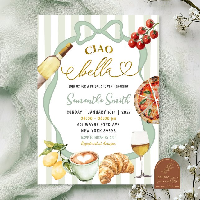 Invitación Sage GreenCoquette Stripes Italy Ciao Bella Bridal (Subido por el creador)