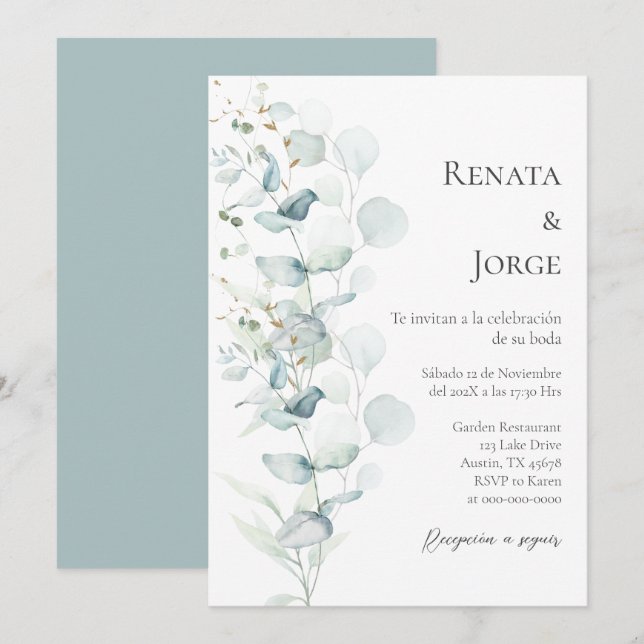 Invitación Sage Greenery Boda de España (Anverso / Reverso)
