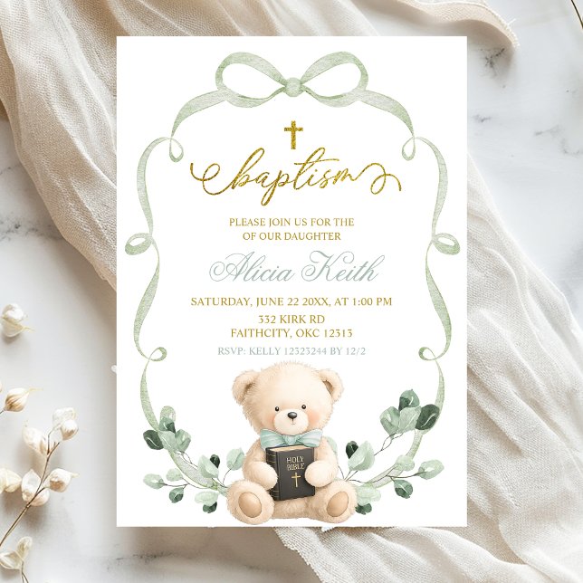 Invitación Sage Greenery Bow Coquette Bear Baptism (Subido por el creador)