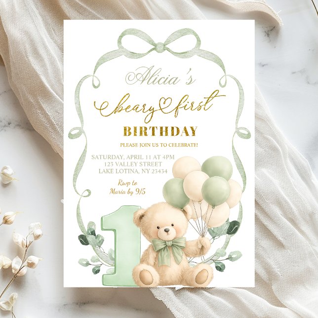 Invitación Sage Greenery Bow Coquette Beary First Birthday (Subido por el creador)