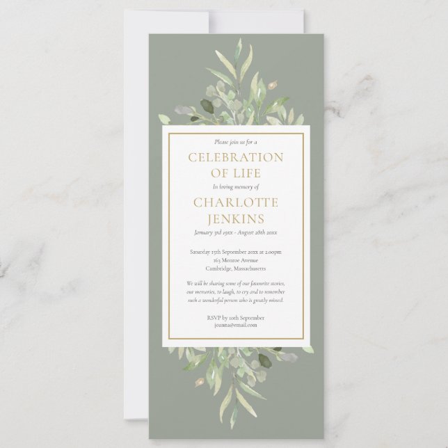 Invitación Sage Greenery Celebration of Life Funeral Service (Anverso)