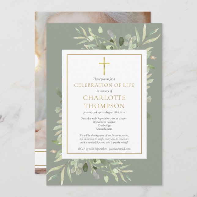 Invitación Sage Greenery Christian Celebration of Life Photo (Anverso / Reverso)
