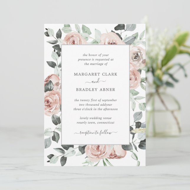 Invitación Sage Greenery Dusty Rosa Boda Floral Rosa (Anverso de pie)