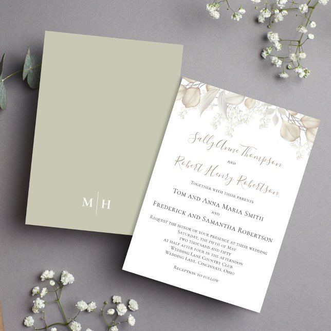 Invitación Sage Greenery Elegant Wedding Leaves (Simple and elegant sage green and cream foliage wedding invitation.)