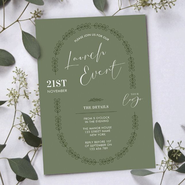 Invitación Sage Greenery Elegante Salón de Negocios Gran Aper (Elegant sage green floral motif business launch invitation with space for your logo)