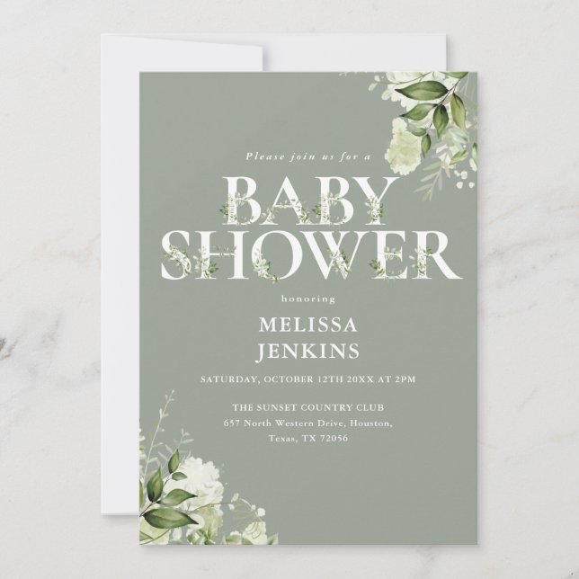 Invitación Sage Greenery Floral Código QR Baby Shower (Anverso)