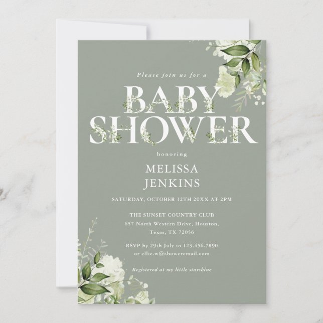 Invitación Sage Greenery Foliage Sexo Neutral Baby Shower (Anverso)