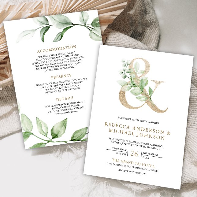 Invitación Sage Greenery Gold Ampersand Boda blanco (Subido por el creador)