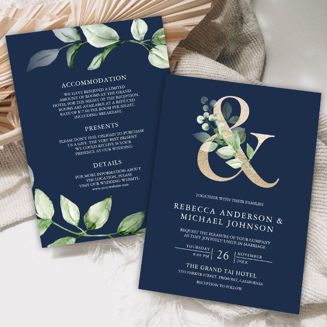 Invitación Sage Greenery Gold Ampersand Navy Boda Azul (Subido por el creador)