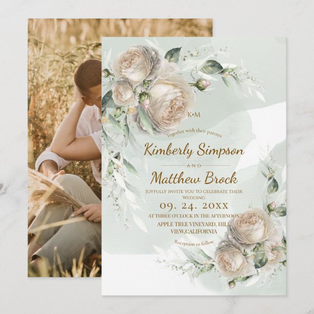 Invitación Sage Greenery Rose Wedding (Anverso / Reverso)