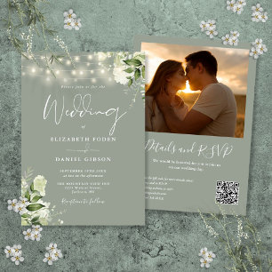 Invitación Sage Greenery String Lights QR Code Photo Boda