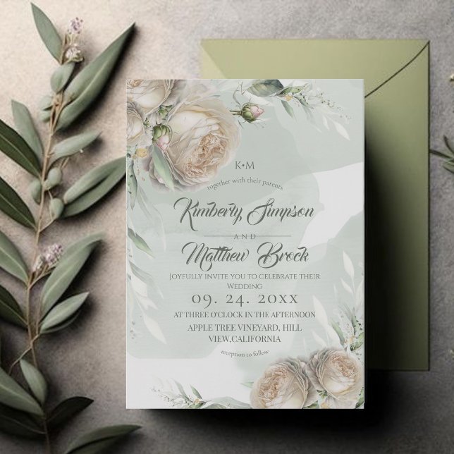 Invitación Sage Greenery White Rose Wedding (Subido por el creador)