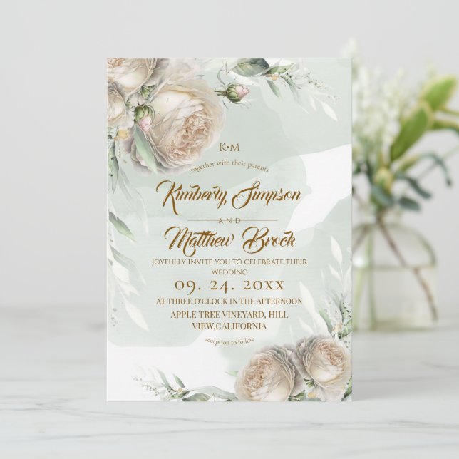 Invitación Sage Greenery White Rose Wedding (Anverso de pie)
