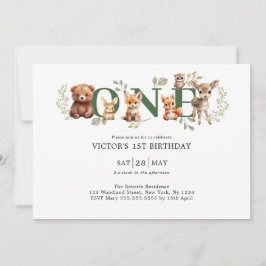 Invitación Sage Greenery Woodland Animals 1er cumpleaños