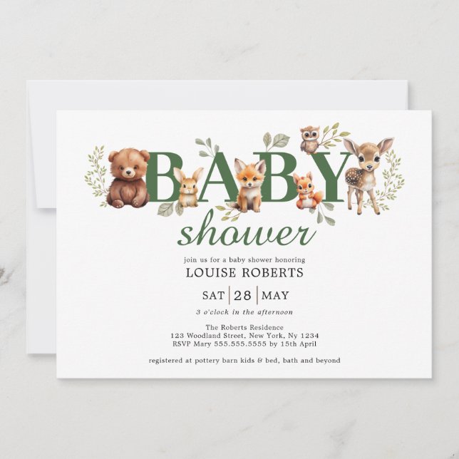 Invitación Sage Greenery Woodland Animals Neutral Baby Shower (Anverso)