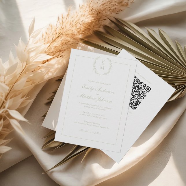Invitación Sage Laurel Monogram Wedding Invitation QR Code  (Subido por el creador)