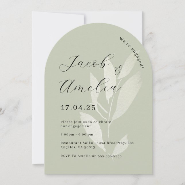 Invitación Sage Leaf Modern Arch Engagement Party (Anverso)