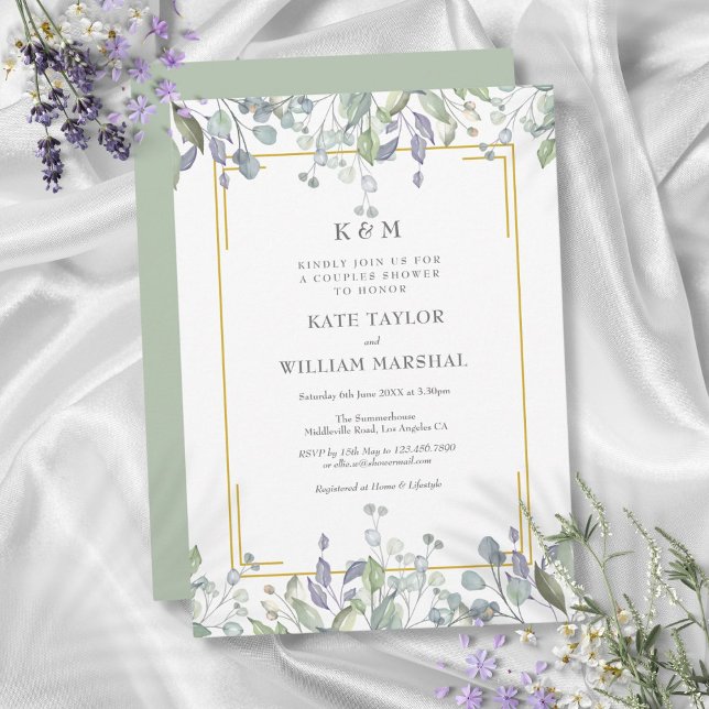 Invitación Sage Lilac Floral Monograma Boda Ducha Parejas (Sage Lilac Floral Monogram Wedding Couples Shower Invitation)