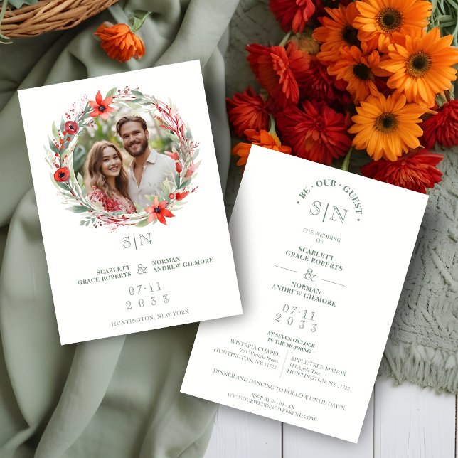 Invitación Sage Luxury Initials Floral Red Shades Round Photo (Sage Luxury Initials Floral Wreath Red Shades Round Photo Wedding Invitation Card.)