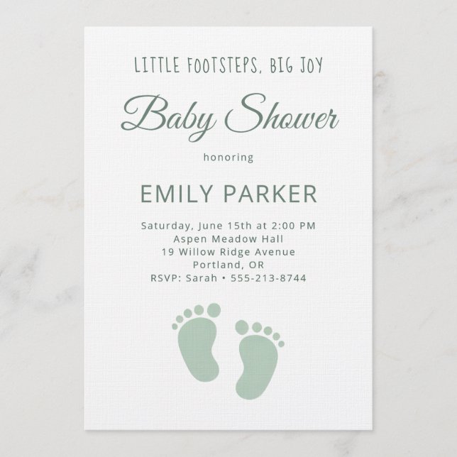 Invitación Sage Minimal Little Footsteps Baby Shower (Anverso)