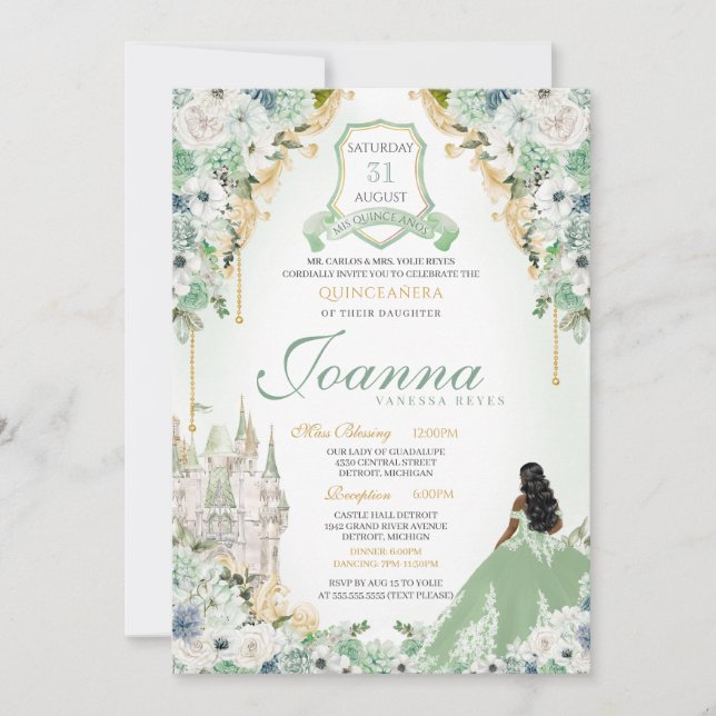 Invitación Sage Mint Green & Gold Royal Princess Quinceanera (Anverso)
