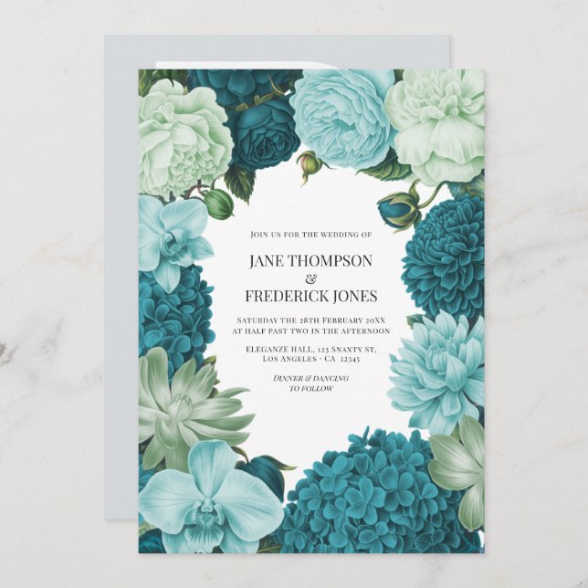 Invitación Sage Mint, Ocean Teal & Ice Bluebell Wedding (Anverso / Reverso)