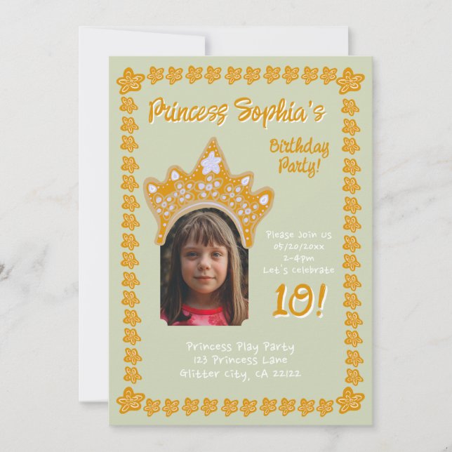 Invitación Sage Mist Princess Crown Floral Photo Birthday (Anverso)