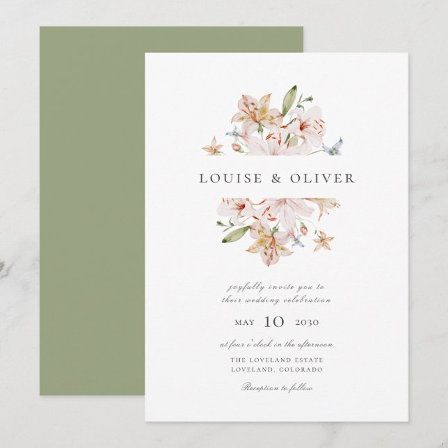 Invitación Sage Modern Watercolor Floral Lilies Boda (Anverso / Reverso)