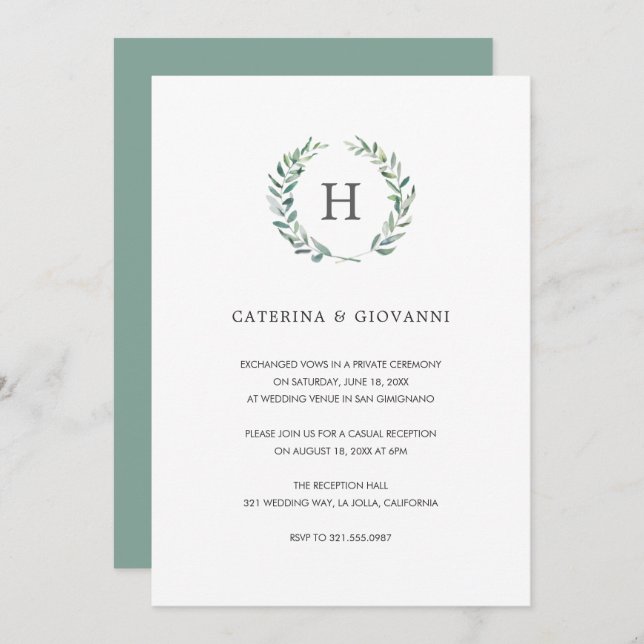 Invitación Sage Monograma Greenery Rústica Boda Recepción (Anverso / Reverso)